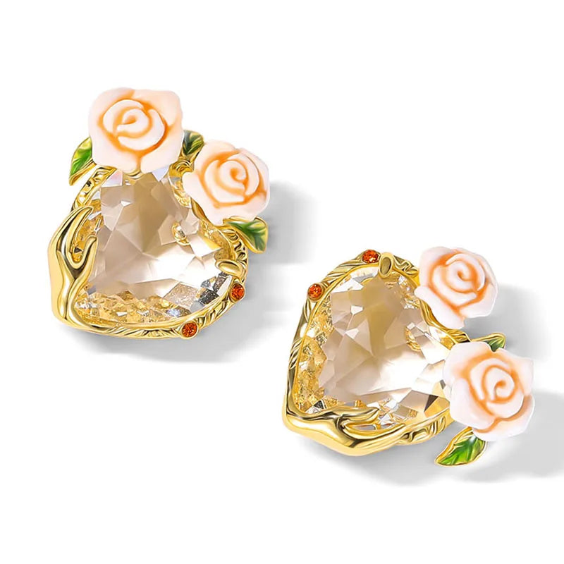 Women's Elegant Enamel Rose Gemstone Jewelry Set with Adjustable Ring Earrings Bracelet Necklace - Fashion Accessory Gift
