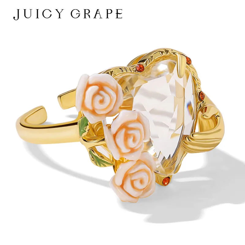 Women's Elegant Enamel Rose Gemstone Jewelry Set with Adjustable Ring Earrings Bracelet Necklace - Fashion Accessory Gift