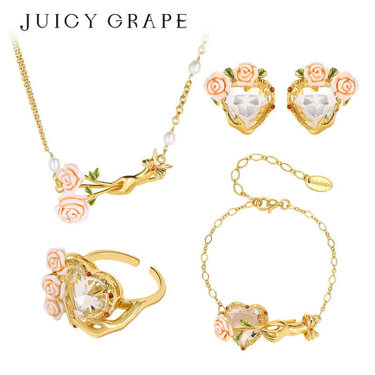 Women's Elegant Enamel Rose Gemstone Jewelry Set with Adjustable Ring Earrings Bracelet Necklace - Fashion Accessory Gift