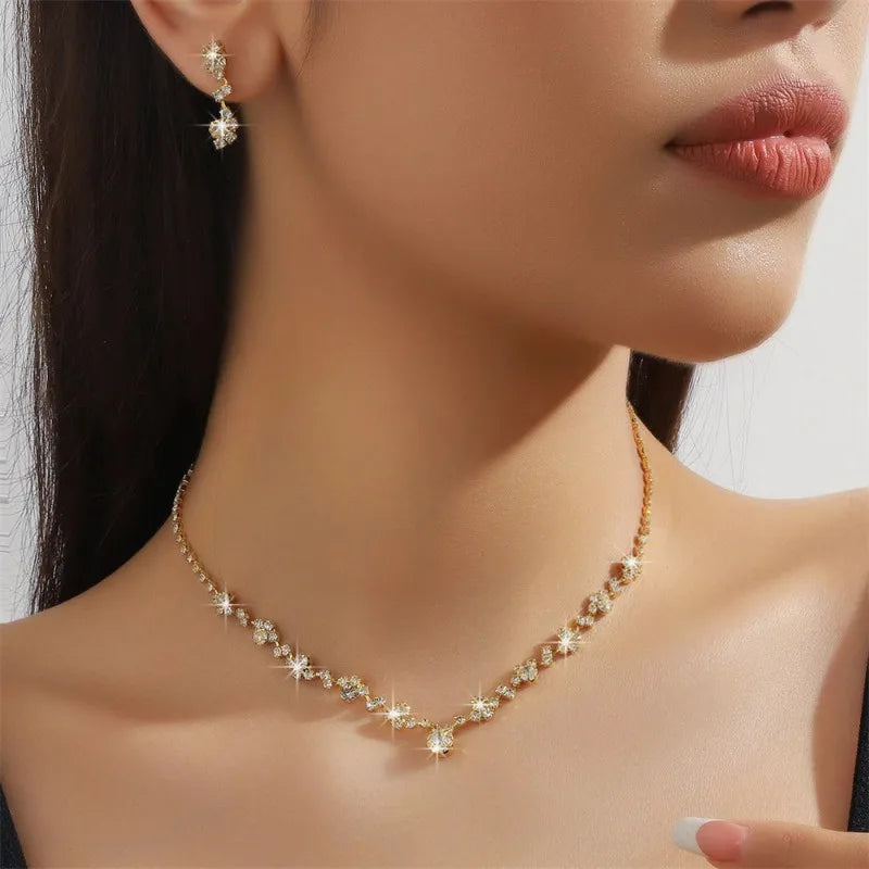 Vintage Crystal Jewelry Sets Geometric Choker Necklace Earrings Bracelet Wedding Neckchain Jewelry Sets Women Gift