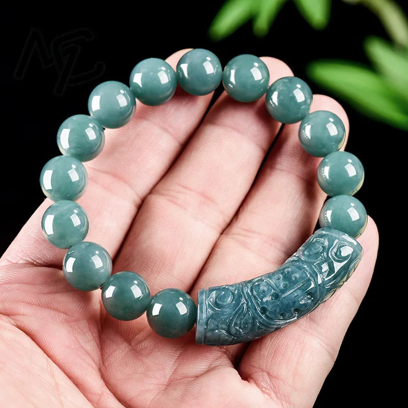 Natural Emerald Burmese Jade Blue Water Ice Seed Curved Strip Beads Bracelet Jadeite Hand Woven Amulets Fashion Jewelry Gift