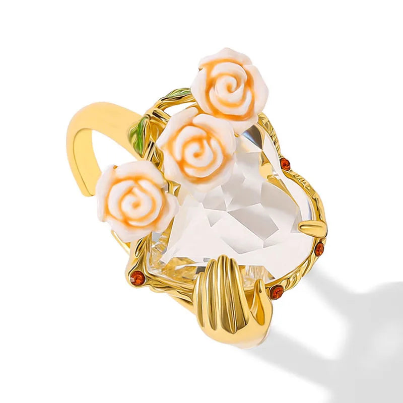 Women's Elegant Enamel Rose Gemstone Jewelry Set with Adjustable Ring Earrings Bracelet Necklace - Fashion Accessory Gift