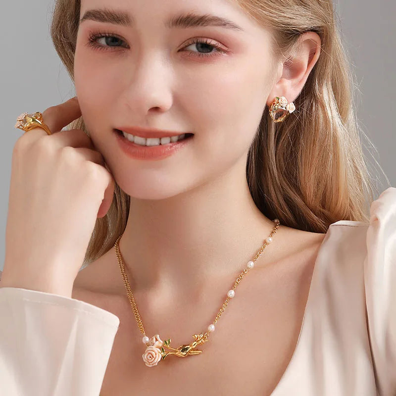Women's Elegant Enamel Rose Gemstone Jewelry Set with Adjustable Ring Earrings Bracelet Necklace - Fashion Accessory Gift
